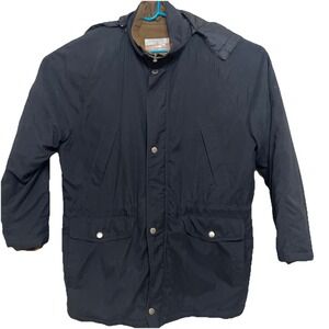 London Fog Trench Coat L Long Black Insulated‎ Removable Hood Zip Button Casual